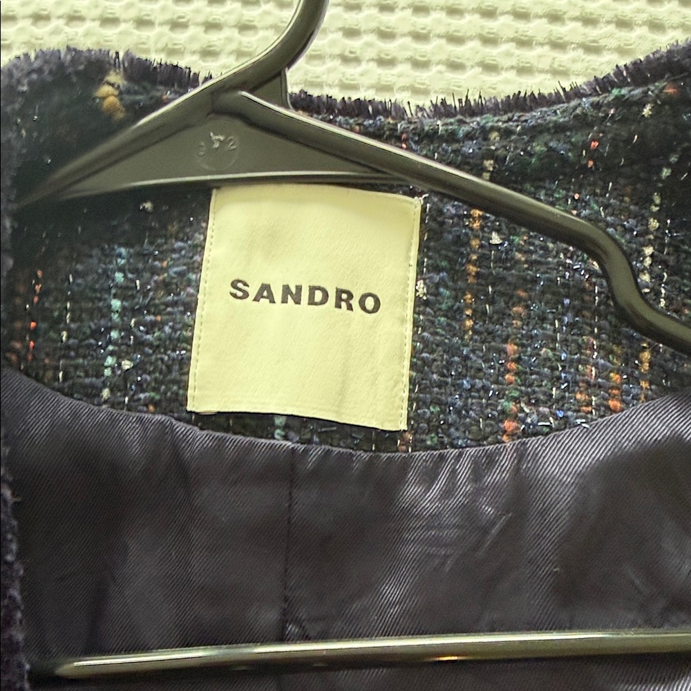 Sandro Navy Tweed Braided-Trim Blazer with Multicolor Flecks - Picture 4 of 5